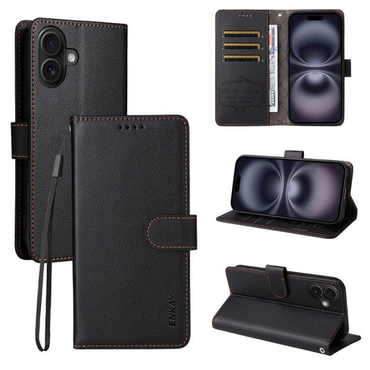 For iPhone 17 ENKAY RFID Blocking Wallet Kickstand Litchi Texture Leather Phone Case(Black) - iPhone 17 Cases by ENKAY | Online Shopping UK | buy2fix