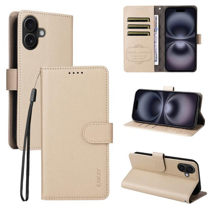 For iPhone 17 ENKAY RFID Blocking Wallet Kickstand Litchi Texture Leather Phone Case(Beige) - iPhone 17 Cases by ENKAY | Online Shopping UK | buy2fix