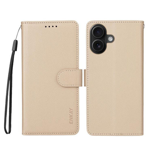 For iPhone 17 ENKAY RFID Blocking Wallet Kickstand Litchi Texture Leather Phone Case(Beige) - iPhone 17 Cases by ENKAY | Online Shopping UK | buy2fix