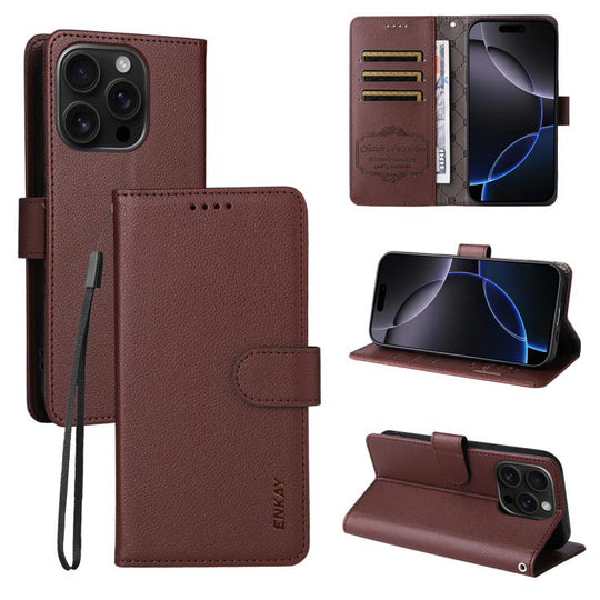 For iPhone 16 Pro Max ENKAY RFID Blocking Wallet Kickstand Litchi Texture Leather Phone Case(Brown)