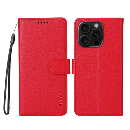 For iPhone 16 Pro ENKAY RFID Blocking Wallet Kickstand Litchi Texture Leather Phone Case(Red) - iPhone 16 Pro Cases by ENKAY | Online Shopping UK | buy2fix