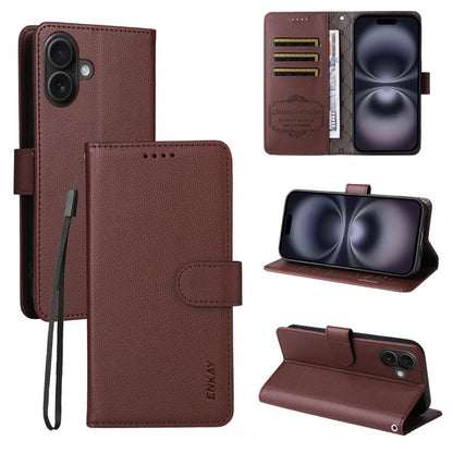 For iPhone 16 Plus ENKAY RFID Blocking Wallet Kickstand Litchi Texture Leather Phone Case(Brown) - iPhone 16 Plus Cases by ENKAY | Online Shopping UK | buy2fix