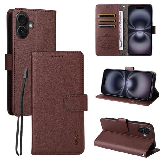 For iPhone 16 Plus ENKAY RFID Blocking Wallet Kickstand Litchi Texture Leather Phone Case(Brown)