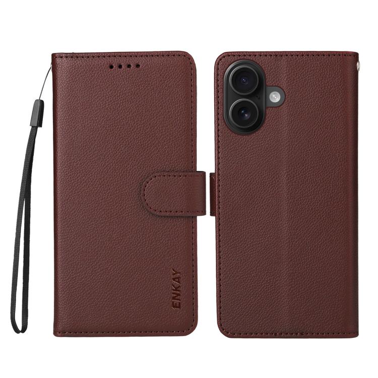 For iPhone 16 Plus ENKAY RFID Blocking Wallet Kickstand Litchi Texture Leather Phone Case(Brown) - iPhone 16 Plus Cases by ENKAY | Online Shopping UK | buy2fix