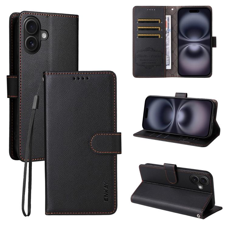 For iPhone 16 ENKAY RFID Blocking Wallet Kickstand Litchi Texture Leather Phone Case(Black) - iPhone 16 Cases by ENKAY | Online Shopping UK | buy2fix