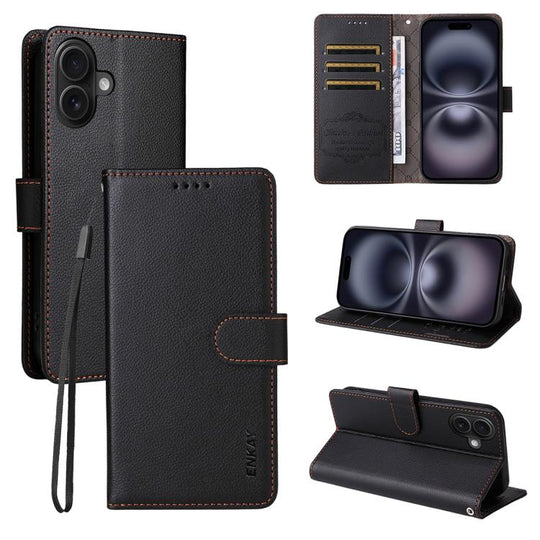 For iPhone 16 ENKAY RFID Blocking Wallet Kickstand Litchi Texture Leather Phone Case(Black)