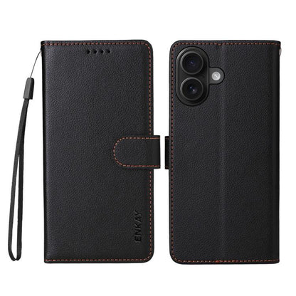 For iPhone 16 ENKAY RFID Blocking Wallet Kickstand Litchi Texture Leather Phone Case(Black) - iPhone 16 Cases by ENKAY | Online Shopping UK | buy2fix