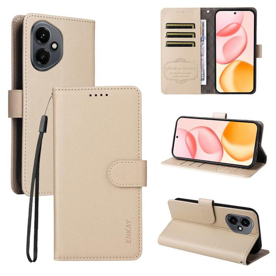 For Honor 400 Global 156.5mm ENKAY RFID Blocking Wallet Kickstand Litchi Texture Leather Phone Case(Beige)