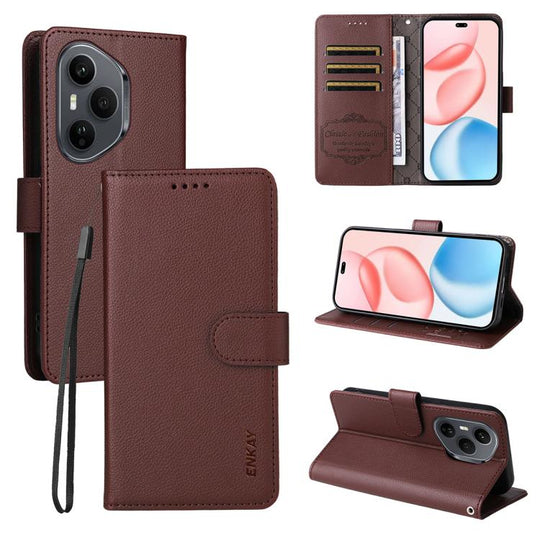For Honor 400 Pro Global 160.8mm ENKAY RFID Blocking Wallet Kickstand Litchi Texture Leather Phone Case(Brown)