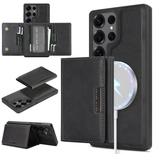 For Samsung Galaxy S24 Ultra 5G Kalebol Strong Magnetic MagSafe Tri-Fold Wallet Side Sticker Leather Phone Case(Black)