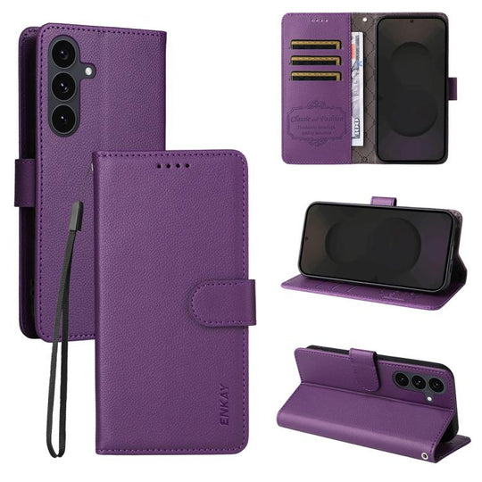 For Samsung Galaxy S25 FE 5G ENKAY RFID Blocking Wallet Kickstand Litchi Texture Leather Phone Case(Purple)