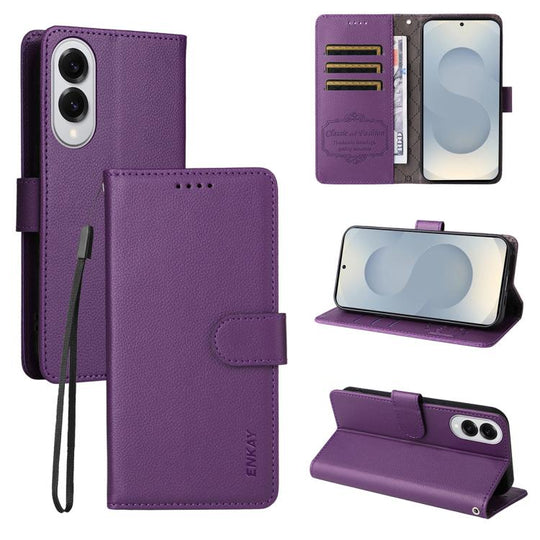 For Samsung Galaxy S25 Edge 5G ENKAY RFID Blocking Wallet Kickstand Litchi Texture Leather Phone Case(Purple)