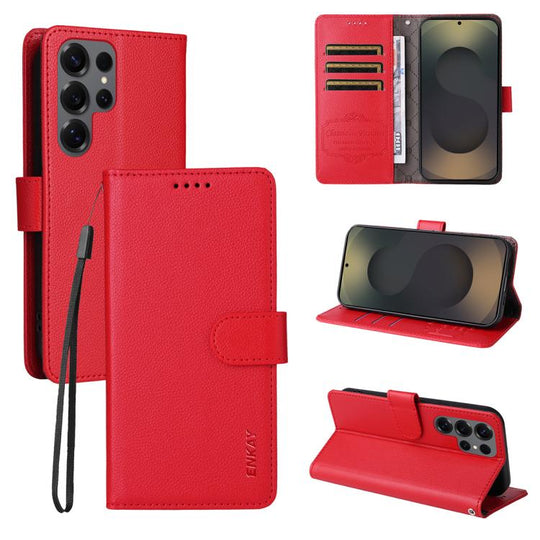 For Samsung Galaxy S25 Ultra 5G ENKAY RFID Blocking Wallet Kickstand Litchi Texture Leather Phone Case(Red)