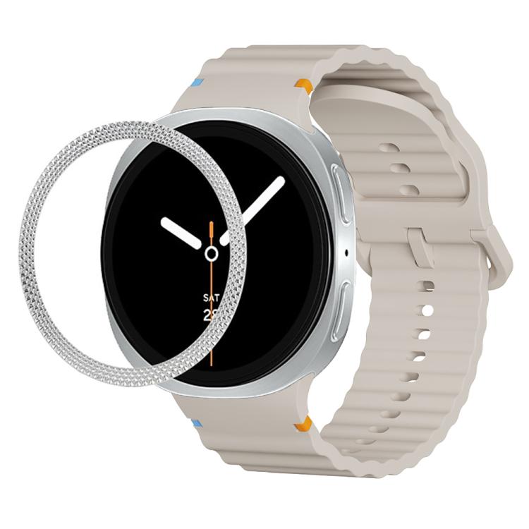 For Samsung Galaxy Watch8 40mm Rhombic Texture Bezel and Wavy Grain Stitched Color Buckle Silicone Watch Band(Starlight Silver) - Watch Bands by buy2fix | Online Shopping UK | buy2fix