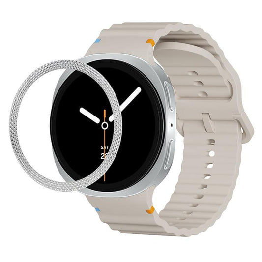 For Samsung Galaxy Watch8 40mm Rhombic Texture Bezel and Wavy Grain Stitched Color Buckle Silicone Watch Band(Starlight Silver) - Watch Bands by buy2fix | Online Shopping UK | buy2fix