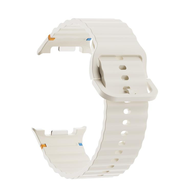 For Samsung Galaxy Watch8 44mm Rhombic Texture Bezel and Wavy Grain Stitched Color Buckle Silicone Watch Band(Beige Silver) - Watch Bands by buy2fix | Online Shopping UK | buy2fix