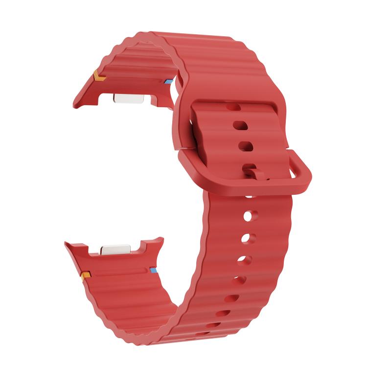 For Samsung Galaxy Watch8 44mm Rhombic Texture Bezel and Wavy Grain Stitched Color Buckle Silicone Watch Band(Red Silver) - Watch Bands by buy2fix | Online Shopping UK | buy2fix