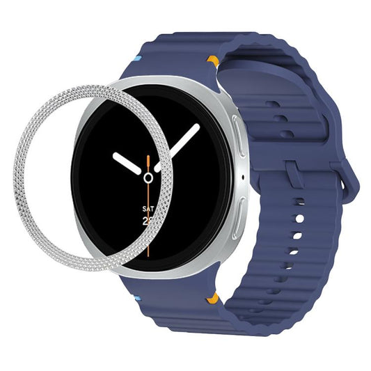 For Samsung Galaxy Watch8 44mm Rhombic Texture Bezel and Wavy Grain Stitched Color Buckle Silicone Watch Band(Midnight Blue Silver) - Watch Bands by buy2fix | Online Shopping UK | buy2fix