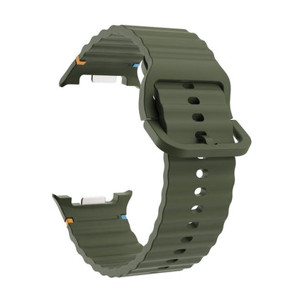 For Samsung Galaxy Watch8 44mm Rhombic Texture Bezel and Wavy Grain Stitched Color Buckle Silicone Watch Band(Army Green Silver) - Watch Bands by buy2fix | Online Shopping UK | buy2fix