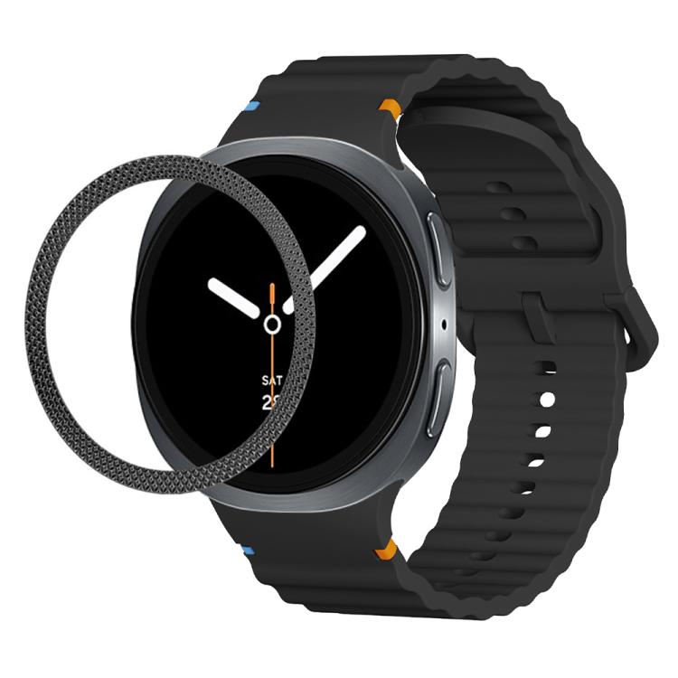 For Samsung Galaxy Watch8 44mm Rhombic Texture Bezel and Wavy Grain Stitched Color Buckle Silicone Watch Band(Black Black) - Watch Bands by buy2fix | Online Shopping UK | buy2fix