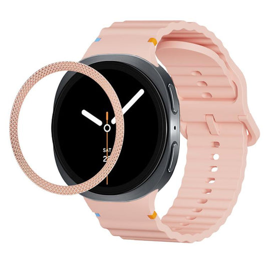 For Samsung Galaxy Watch8 44mm Rhombic Texture Bezel and Wavy Grain Stitched Color Buckle Silicone Watch Band(Pink Rose Gold) - Watch Bands by buy2fix | Online Shopping UK | buy2fix
