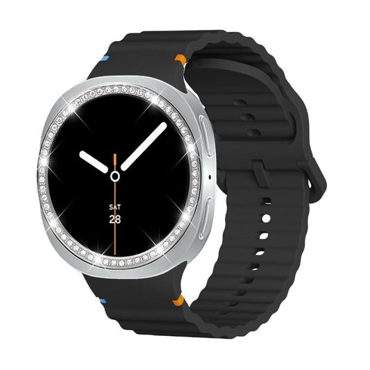 For Samsung Galaxy Watch8 44mm Diamond Bezel and Wavy Grain Stitched Color Buckle Silicone Watch Band(Black Silver) - Watch Bands by buy2fix | Online Shopping UK | buy2fix