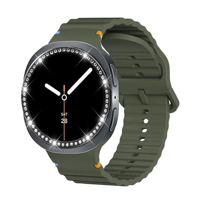For Samsung Galaxy Watch8 44mm Diamond Bezel and Wavy Grain Stitched Color Buckle Silicone Watch Band(Army Green Black) - Watch Bands by buy2fix | Online Shopping UK | buy2fix