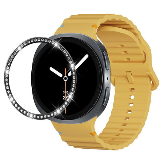 For Samsung Galaxy Watch8 44mm Diamond Bezel and Wavy Grain Stitched Color Buckle Silicone Watch Band(Yellow Black) - Watch Bands by buy2fix | Online Shopping UK | buy2fix