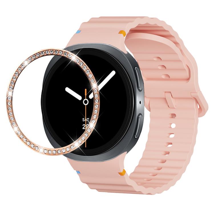 For Samsung Galaxy Watch8 44mm Diamond Bezel and Wavy Grain Stitched Color Buckle Silicone Watch Band(Pink Rose Gold) - Watch Bands by buy2fix | Online Shopping UK | buy2fix