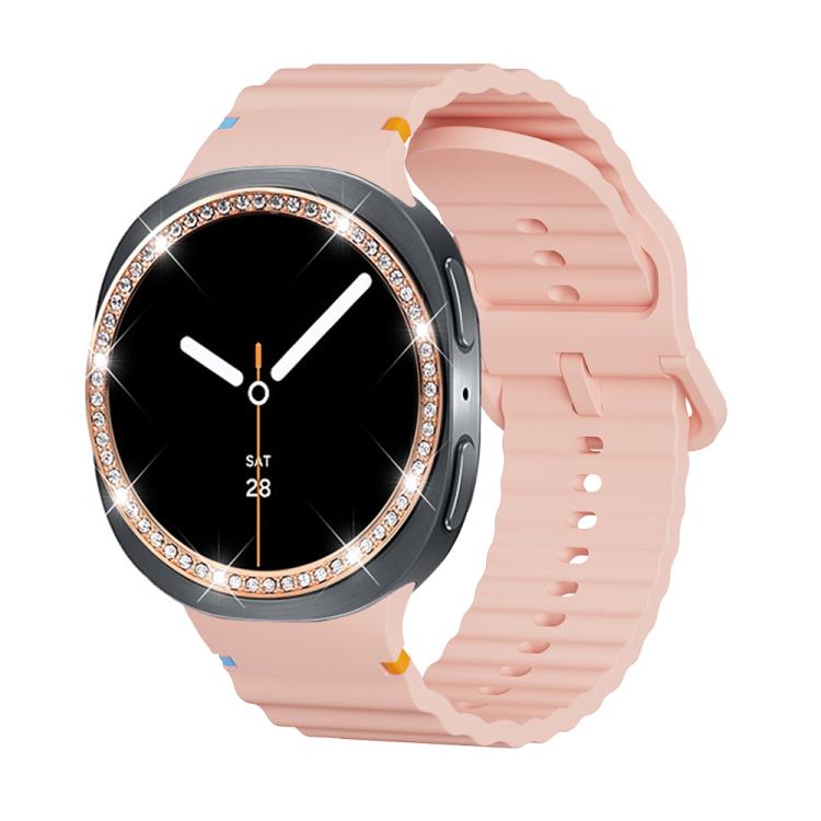 For Samsung Galaxy Watch8 44mm Diamond Bezel and Wavy Grain Stitched Color Buckle Silicone Watch Band(Pink Rose Gold) - Watch Bands by buy2fix | Online Shopping UK | buy2fix