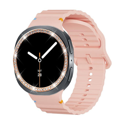 For Samsung Galaxy Watch8 44mm Diamond Bezel and Wavy Grain Stitched Color Buckle Silicone Watch Band(Pink Rose Gold) - Watch Bands by buy2fix | Online Shopping UK | buy2fix