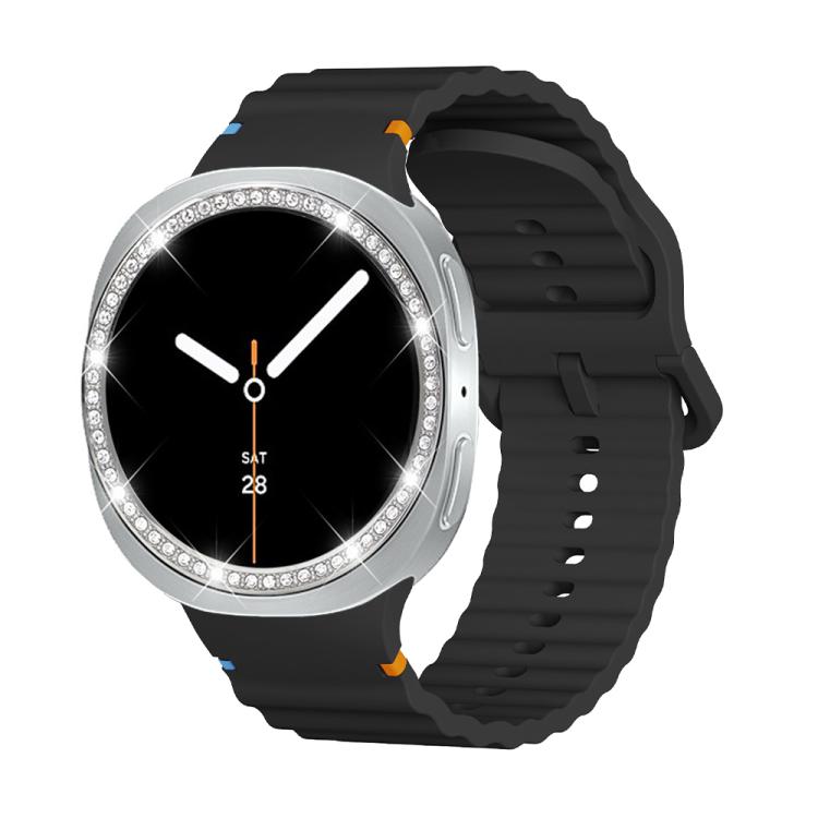 For Samsung Galaxy Watch8 40mm Diamond Bezel and Wavy Grain Stitched Color Buckle Silicone Watch Band(Black Silver) - Watch Bands by buy2fix | Online Shopping UK | buy2fix