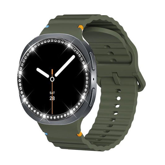 For Samsung Galaxy Watch8 40mm Diamond Bezel and Wavy Grain Stitched Color Buckle Silicone Watch Band(Army Green Black) - Watch Bands by buy2fix | Online Shopping UK | buy2fix