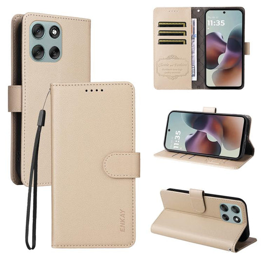 For Motorola Moto G56 / G66j / G66y 5G ENKAY RFID Blocking Wallet Kickstand Litchi Texture Leather Phone Case(Beige)