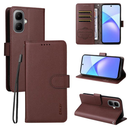 For Tecno Pop 10 / Spark go 2 ENKAY RFID Blocking Wallet Kickstand Litchi Texture Leather Phone Case(Brown)