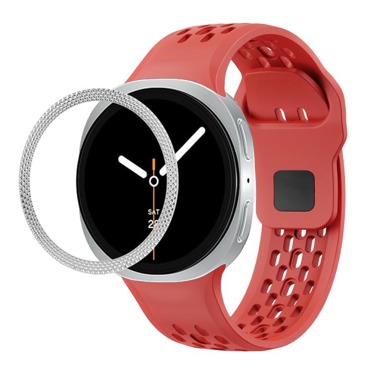 For Samsung Galaxy Watch8 44mm Rhombic Texture Bezel and Black Reverse Buckle Silicone Watch Band(Red Silver) - Watch Bands by buy2fix | Online Shopping UK | buy2fix