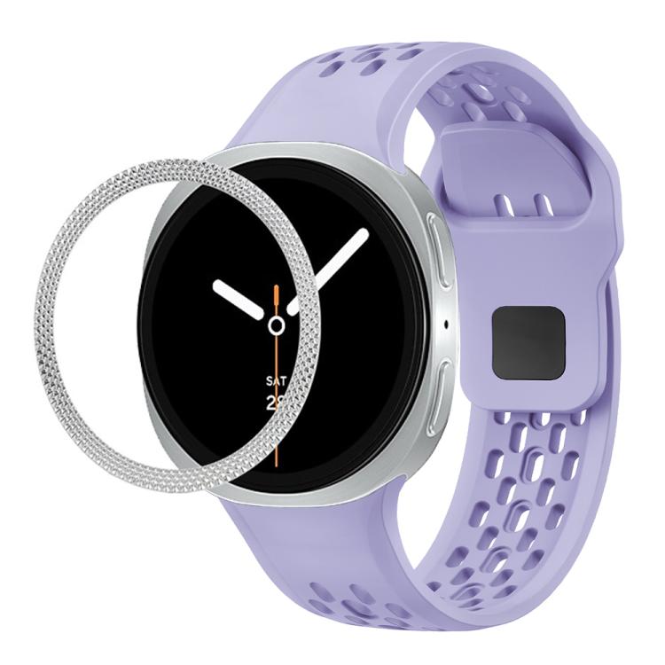 For Samsung Galaxy Watch8 44mm Rhombic Texture Bezel and Black Reverse Buckle Silicone Watch Band(Purple Silver) - Watch Bands by buy2fix | Online Shopping UK | buy2fix