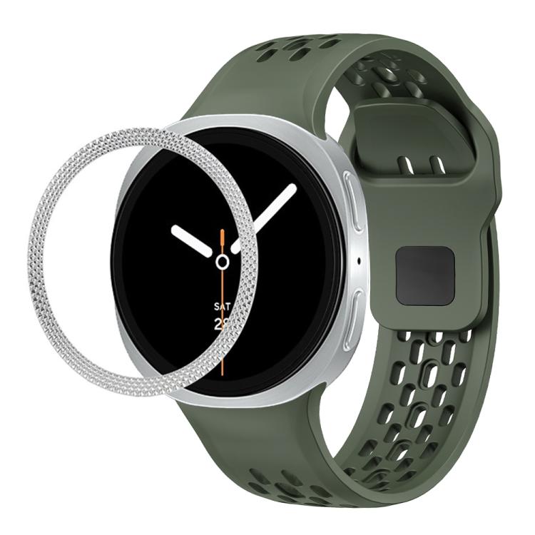 For Samsung Galaxy Watch8 44mm Rhombic Texture Bezel and Black Reverse Buckle Silicone Watch Band(Army Green Silver) - Watch Bands by buy2fix | Online Shopping UK | buy2fix