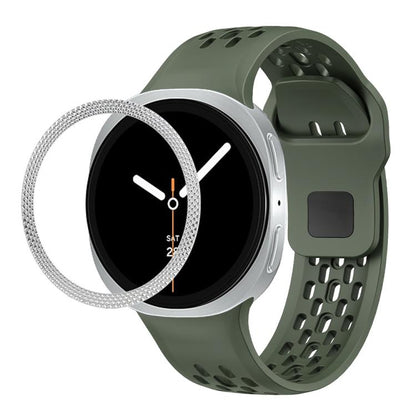 For Samsung Galaxy Watch8 44mm Rhombic Texture Bezel and Black Reverse Buckle Silicone Watch Band(Army Green Silver) - Watch Bands by buy2fix | Online Shopping UK | buy2fix