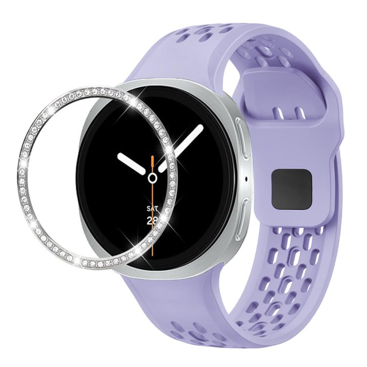 For Samsung Galaxy Watch8 44mm Diamond Bezel and Black Reverse Buckle Silicone Watch Band(Purple Silver) - Watch Bands by buy2fix | Online Shopping UK | buy2fix