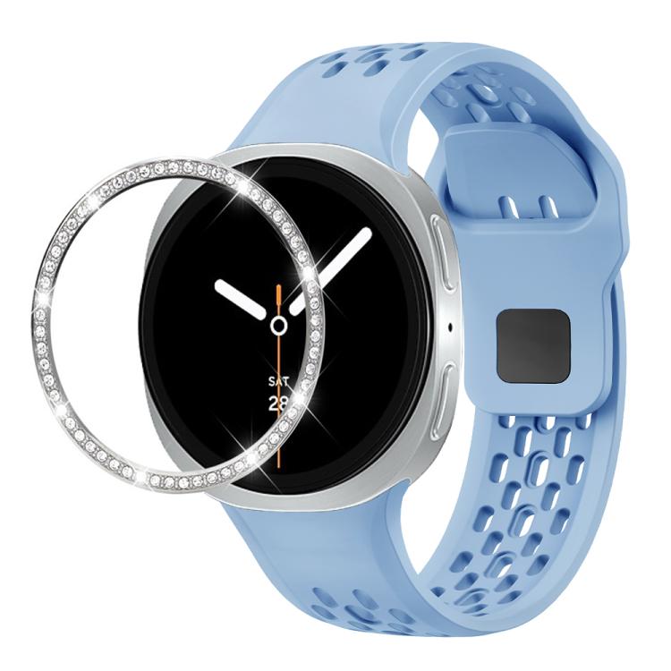 For Samsung Galaxy Watch8 44mm Diamond Bezel and Black Reverse Buckle Silicone Watch Band(Light Blue Silver) - Watch Bands by buy2fix | Online Shopping UK | buy2fix