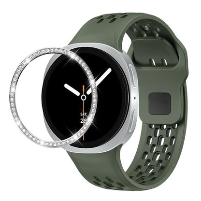 For Samsung Galaxy Watch8 44mm Diamond Bezel and Black Reverse Buckle Silicone Watch Band(Army Green Silver) - Watch Bands by buy2fix | Online Shopping UK | buy2fix