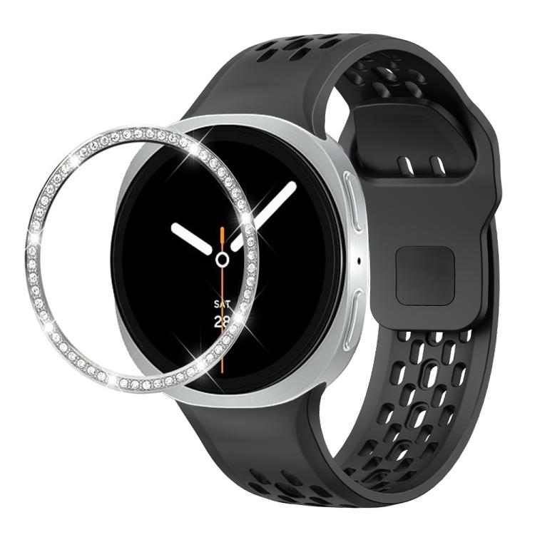 For Samsung Galaxy Watch8 44mm Diamond Bezel and Black Reverse Buckle Silicone Watch Band(Black Silver) - Watch Bands by buy2fix | Online Shopping UK | buy2fix