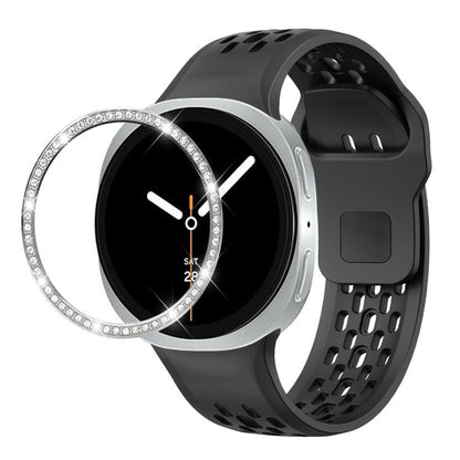 For Samsung Galaxy Watch8 44mm Diamond Bezel and Black Reverse Buckle Silicone Watch Band(Black Silver) - Watch Bands by buy2fix | Online Shopping UK | buy2fix