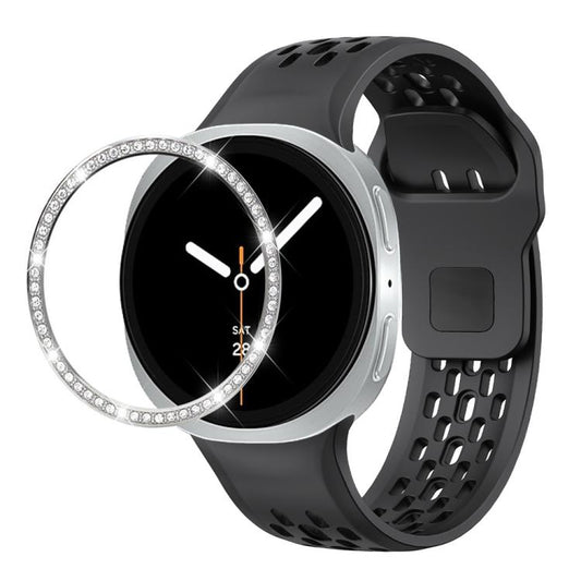For Samsung Galaxy Watch8 44mm Diamond Bezel and Black Reverse Buckle Silicone Watch Band(Black Silver) - Watch Bands by buy2fix | Online Shopping UK | buy2fix