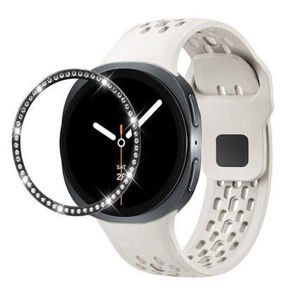 For Samsung Galaxy Watch8 44mm Diamond Bezel and Black Reverse Buckle Silicone Watch Band(Beige Black) - Watch Bands by buy2fix | Online Shopping UK | buy2fix