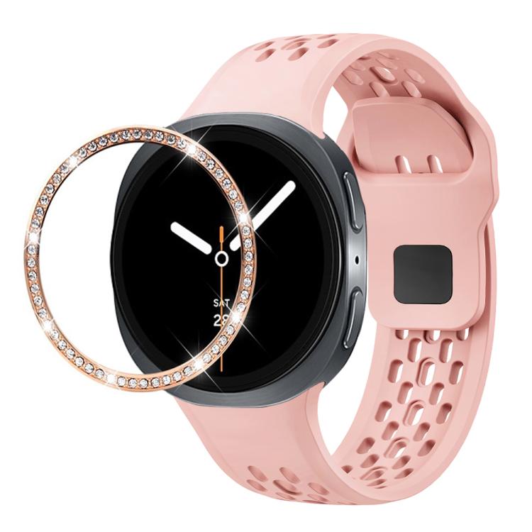 For Samsung Galaxy Watch8 44mm Diamond Bezel and Black Reverse Buckle Silicone Watch Band(Pink Rose Gold) - Watch Bands by buy2fix | Online Shopping UK | buy2fix