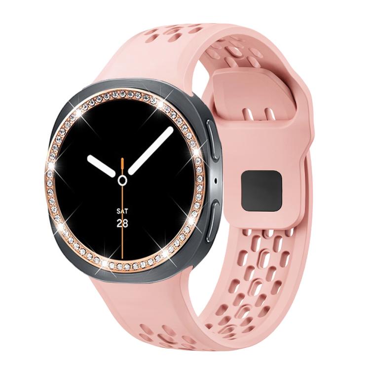 For Samsung Galaxy Watch8 44mm Diamond Bezel and Black Reverse Buckle Silicone Watch Band(Pink Rose Gold) - Watch Bands by buy2fix | Online Shopping UK | buy2fix