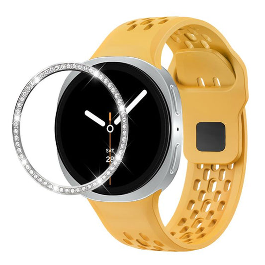 For Samsung Galaxy Watch8 40mm Diamond Bezel and Black Reverse Buckle Silicone Watch Band(Yellow Silver) - Watch Bands by buy2fix | Online Shopping UK | buy2fix