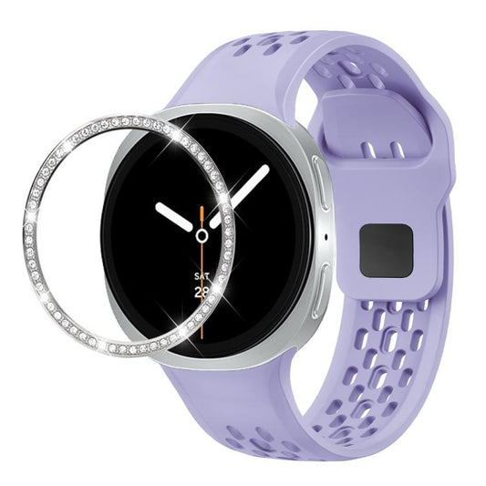 For Samsung Galaxy Watch8 40mm Diamond Bezel and Black Reverse Buckle Silicone Watch Band(Purple Silver) - Watch Bands by buy2fix | Online Shopping UK | buy2fix